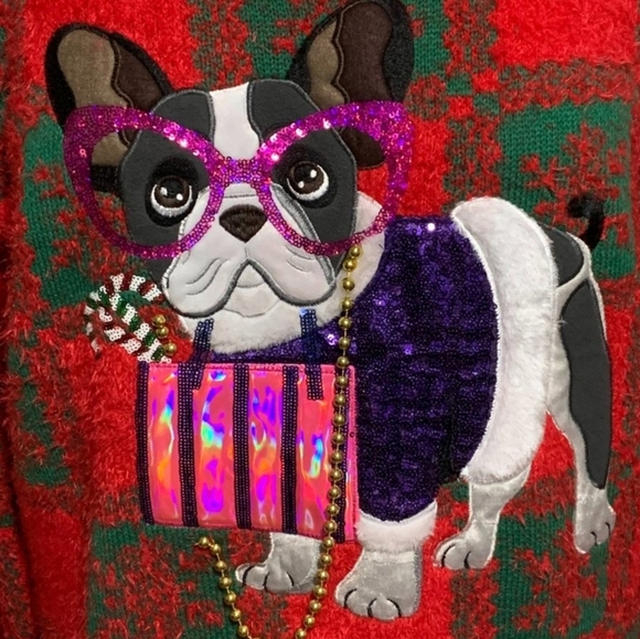 Ugly Christmas Sweater French Bulldog Dog Puppy Sequins Plaid Red Womens Plus 1X - Picture 2 of 2
